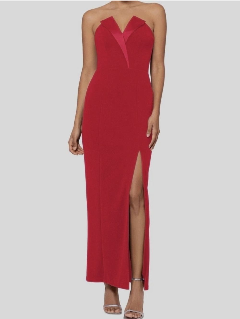 Betsy & Adam Tuxedo-Neck Strapless Gown RED